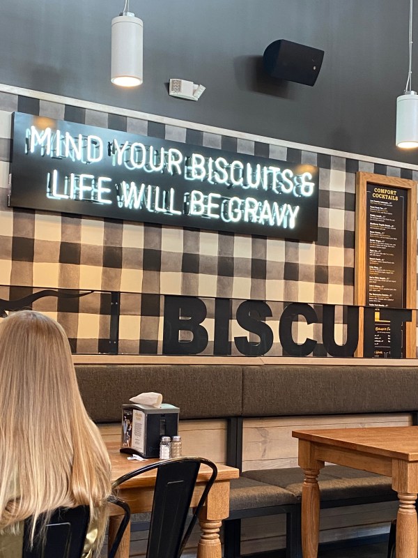 While in Texas, enjoy southern food--chicken n' biscuits at The Biscuit Bar in the Stockyards