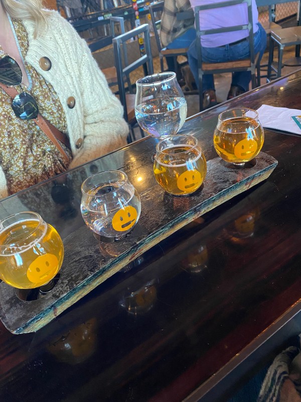 A beer and cider flight at Deep Ellum Brewing
